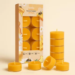 Ashlux Bienenwachs Teelichter - 10 Stück Bienenwachskerzen aus 100% reinem Naturwachs, 4 Stunden Brenndauer, gelbe Kerzen in klaren Acrylbechern für Weihnachten, Hochzeit, Party und Zuhause