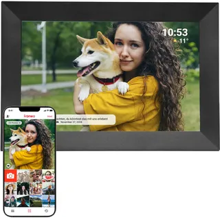 Digitaler Bilderrahmen 10,1 Zoll mit WLAN – Frameo Digital Photo Frame mit Touchscreen & 16 GB Speicher – Elektrischer Fotorahmen mit App-Steuerung, USB & SD, Bilderrahmen Digital & Schwarz