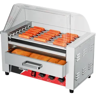 CROSSON 2 in 1 Profi Hot Dog Grill,7 Rollen Edelstahl Hot Dog Machine Elektrogrill 1350W mit Brötchenwärmer,Transparentem Deckel,Dual-Temp-Steuerung