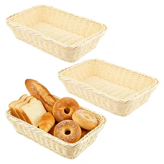 CHIHEUNG 3 Stück Rechteckiger Brotkorb geflochten, Brötchenkorb Klein aus Kunststoff 30 x 20 x 7cm, Weidenkorb Brötchenkorb mit Rattanoptik, Brotkörbchen für Gemüse, Brot, Gebäck, Snacks und Chips