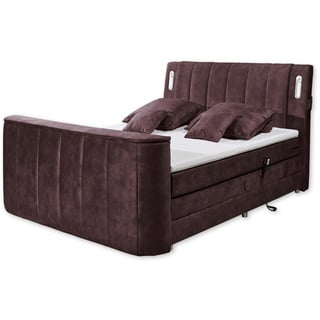 DALLAS 6 Boxspringbett 180x200 elektrisch verstellbar, Aubergine - Bequemes Doppelbett mit motorisierter TV-Halterung & LED-Beleuchtung - 186 x 126 x 244 cm (B/H/T)