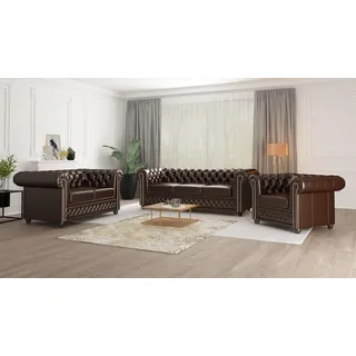 s-style möbel Chesterfield Polstergarnitur 3-Sitzer + 2-Sitzer + Sessel Kunstleder  Braun