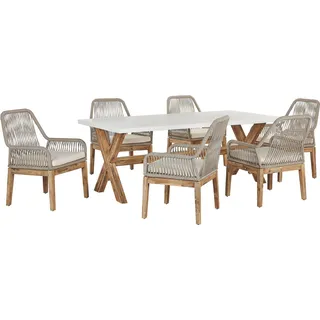 BELIANI Gartentisch Weiß / Beige mit 6 Geflecht-Stühlen Beton Akazienholz-Gestell Gartenausstattung Gartenmöbel Garten und Terrasse rustiklaler Look - Weiß, Beige, Braun