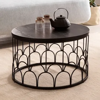 FineBuy Couchtisch Mango Massivholz rund Ø 60 cm Schwarz · Wohnzimmertisch mit Metallgestell · Handgefertigter Sofatisch im Art-Deco Industrial Design - Schwarz