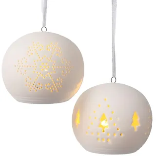 Yeerockal 2 Stück Weihnachtskugel Anhänger aus Keramik Weiss mit LED Belechtung | Baumbehang | Fensterbehang