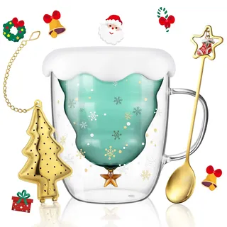 ecooe Doppelwandige Süße Weihnachtsbaum Latte Macchiato Gläser 270ml Kaffeetasse Weihnachten Becher mit Weihnachtsbaum Teesieb Teegläser für Milch, EIS, Weihnachtsgeschenke Geschenke für Frauen Kinder