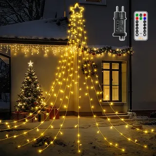 Ollny Weihnachtsbeleuchtung außen mit Stern 352 LED, 3.5M x 9 Stränge Lichterkette Weihnachtsbaum, 8 Modi Timer Wasserdicht Lichterkette außen für Tannenbaum, weihnachtsdeko (Warmweiß)