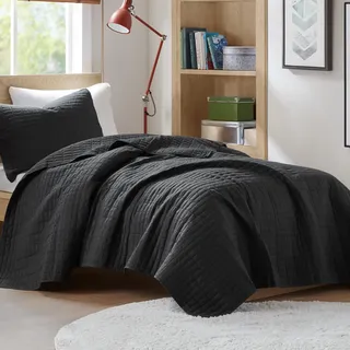 Comfort Spaces Kienna Quilt Set-Luxury Double Sided Stitching Design All Season, Lightweight, Coverlet Bedspread Bedding, Matching Shams, Twin/Twin XL(66"x90"), Black 2 Piece