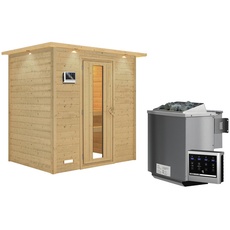 Bild Sauna Sonja mit Energiespartür und Kranz Ofen 9 kW Bio externe Strg modern, beige