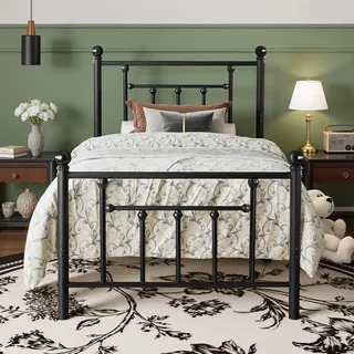 VECELO Bettrahmen 90 x 200 cm Metallbett mit Lattenrost Einzelbett Gästebett Jugendbett mit Kopfteil für Schlafzimmer Gästezimmer Schwarz, Schwarz