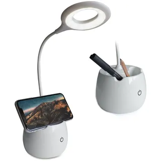 Eaxus® Touch USB LED Schreibtischlampe - Tischleuchte mit Stiftehalter und Handyhalter, USB und Batterien, Weiß