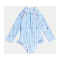 Girls M&S Collection Striped Cherry Print Frill Swimsuit (0-3 Yrs) - Blue Mix, Blue Mix - 3-6 M
