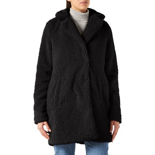 Noisy May Damen Langer Kunstfell Mantel | Warme Teddy Winter Jacke | Lamm Plüsch Parka ohne Kapuze NMGABI, Farben:Schwarz, Größe:34