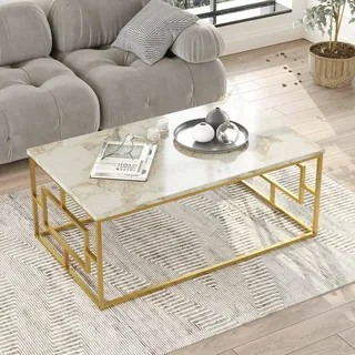 Dmora - Wohnzimmertisch Cygnus, Niedriger Wohnzimmertisch, Kaffeeregal, Couchtisch für Sofa, 100x60h40 cm, Weißer Marmor und Gold