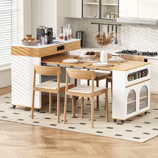 Merax Kücheninsel mit Rollen, Ausziehbarer Esstisch, Servierwagen, Mobil Sideboard mit Steckdosen, mit Schubladen und Stauraum, Natur + Weiß - Naturbelassen