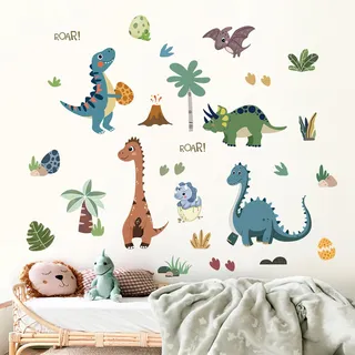 FUFUQUARE Dinosaurier Wandaufkleber Blau Grün Dino Fußabdruck Eier Palme Wandtattoo DIY für Kinderzimmer Kinder Schlafzimmer Spielzimmer Wohnzimmer Wohnzimmer
