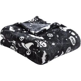 Bedlam - Halloween Fleecedecke (120 x 150cm) - Superweiche & kuschelige Decke in Schwarz - Gruselige Fledermäuse & Totenköpfe - Halloween Kuscheldecke für Sofa oder Bett - für Halloween Dekoration