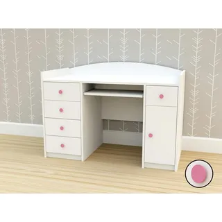 Happy Babies Schreibtisch - Weiß Kinder Computertisch mit Schubladen, Klein & Bürotisch für Jugendzimmer und Office, Kinderschreibtische 125x89x60, Modern & Gaming (rosa Griff)