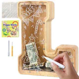 Lakpopya Personalisierte Durchsichtige Kinder-Spardose für Jungen & Mädchen - Holz A-Z mit Zielbereich, Aufkleber & Marker - Taufe & Geschenk Dekoration (L)