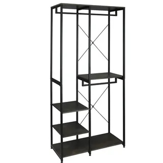 Bukkitbow - Doppel-Kleiderständer / Garderobe - mit 3 Kleiderbügeln und 3 Regalen - 90x40x204,5 cm - Schwarz mit hellen Eichenholz - Schwarz