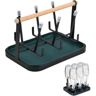 Premium Flaschenhalter aus Edelstahl, Abtropfgestell für 6 Flaschen, Abtropfgestell mit Abnehmbarer Abtropfwanne, Weiche Gummim-Anschette, Holzgriff, Kompatibel mit Verschiedenen Flaschen und Tassen