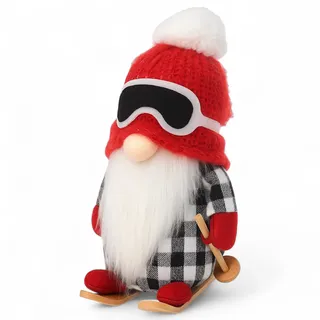MIJOMA Wichtel Dekofigur 20cm – Skandinavischer Stoff-Wichtel mit Wintermütze auf Holzskiern – Plüschfigur zum Aufstellen – Winterdeko Weihnachten Skandi Hygge Stil (Winterrot lebendig)