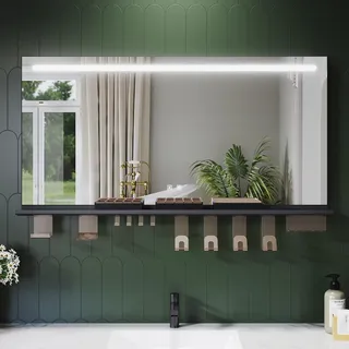 SONNI Badezimmerspiegel 120 x 60 cm, dreifarbig, dimmbar, RA90, beschlagfrei, mit multifunktionaler Ablage