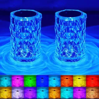 YeahBoom 2 Stück LED Kristall Tischlampe,2000mAh 16 Farben Touching Control Rose Crystal Lampe,Nachttischlampe Touch Dimmbar mit Fernbedienung,RGB Farbwechsel Nachtlicht für Schlafzimmer Wohnzimme