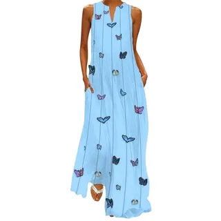 Maxikleid Damen V Ausschnitt - Sommerkleid Damen Lang,Langes Kleid Damen Große Größen Sommer Strandkleid Ärmelloses Schmetterling Blusenkleid Lose Kaftan Boho Kleider Festlich Elegant Partykleid