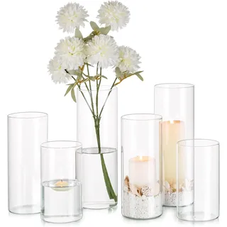 Glasseam Zylinder Vase Glas Klar, Blumenvase Modern Vasen Deko 6 Stück, 14/19/24cm Hoch Tulpenvase Zylindervasen Hochzeit Tischdeko, Dekorative Kerzenhalter Windlicht Flower Vase für Wohnzimmer