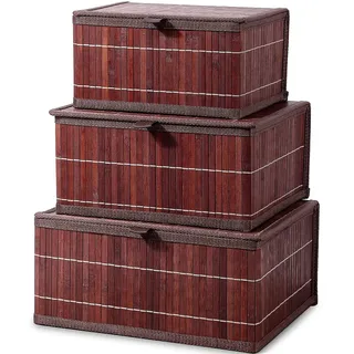 Honygebia Vintage Aufbewahrungskorb mit Deckel - Bambus Braun Aufbewahrungsboxen, 3er Set Rattan Korb mit Deckel Gewebtem Stoffeinsatz für Badezimmer Küche Regal Organisation (Groß/Mittel/Klein)