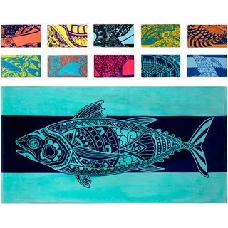 Nova Blue Thunfisch (34x63) gestreiftes Baumwoll-Strandtuch aus 100% Baumwolle - schnell trocknendes Poolhandtuch mit tropischem Design - groß übergroß