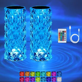 2 Stück LED Tischlampe, Kristall Nachttischlampe, Acryl Diamant Kabellos Touch Dimmbare mit Fernbedienung, RGB Farbwechsel Nachtlicht, 2000mAh, 16 Farben, für Schlafzimmer, Wohnzimme, Partnersuche
