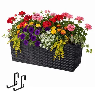 Relaxdays Balkonkasten Schwarz mit Halterung Selbstbewässerung Füllstandsanzeige , Kunststoff, Metall , 50x19x19 cm , Dekoration, Blumen & Blumentöpfe, Übertöpfe