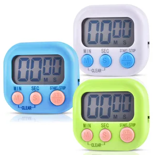 Timer 3 Stück, Eieruhr LCD Digital, küchentimer mit Einklappbarer Ständer Und Magnet, Stoppuhr für Kochen Backen Sport Kinder Studieren (blau, weiß, grün)