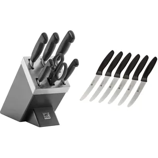 ZWILLING Selbstschärfender Messerblock, 7 teilig, grau, Vier Sterne & 1002672 Messer-Set, 6-tlg., Küchenmesser, Klingenlänge: 12 cm, Rostfreier Spezialstahl/Kunststoff-Griff, Twin Grip, Schwarz