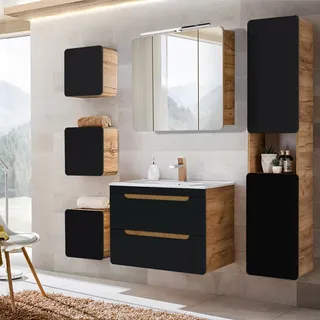 Badmöbel Kompletset in seidenmatt anthrazit mit Wotan Eiche Nb. NEW-LUTON mit 81 cm Keramik-Waschtisch, B/H/T ca. 180/200/46 cm - Grau