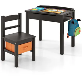 FANTASK Kindertisch Set, Schreibtisch Massivholz mit klappbarer Tischplatte 7 Schublade für Kinder ab 3 Jahren, Aktivitätstisch mit Haken Staufach Box für Kinderzimmer, Braun