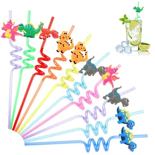 10 Stück Dinosaurier Trinkhalme Wiederverwendbar, Bunte Motiv Strohhalme für Kaltgetränke, Spiralförmige Getränkehalme für Saft, Smoothie, Cocktail, Limonade, Geburtstag, Party & Picknick