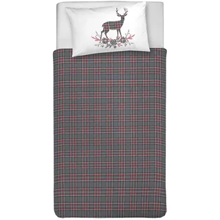 PENSIERI DELICATI Bettwäsche-Set für Einzelbett, 100% Baumwolle, komplett mit Bettbezug 155 x 200 cm und 1 Kissenbezug 52 x 82 cm, hergestellt in Italien, maschinenwaschbar bei 40 °C, Muster Hirsch
