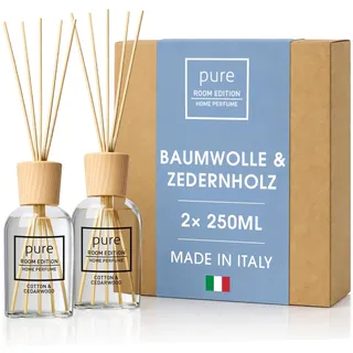 PURE ROOM EDITION 2X 250ml Baumwolle & Zedernholz Raumduft | natürliche Inhaltsstoffe, vegan & tierversuchsfrei, Bio-Alkohol, Diffuser mit Stäbchen hergestellt in Italien