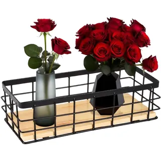 Drahtkorb mit Holzboden Gitterkorb aus Metall zur Aufbewahrung in Küche, Bad & Büro Aufbewahrungskorb im Industrial Design für Regal, Speisekammer & Schublade Organizer Korb,schwarz