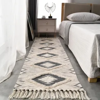 JaeMoose Baumwolle Teppich Getuftet Baumwollteppich Waschbar mit Quasten, gewebter geometrischer Shag-Überwurf, Boho-Bereichsteppich für Waschküche/Schlafzimmer (60 x 180 cm, Grau)