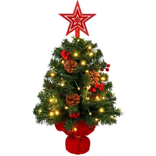 AGM 60 cm Tisch Weihnachtsbaum Klein mit 50 LEDs Lichterketten Deko 42 Rote Beeren 6 Tannenzapfen 24inch Künstlicher Christbäume für Weihnachts Dekoration, 1 fünfzackiger Stern Oben
