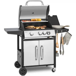 Klarstein Gasgrill mit Großer Grillfläche, 1 Seitenbrenner Gasgrill mit 3 Brenner, 13,5kW Edelstahl-Gasgrill, BBQ Gasgrill für Balkon & Garten, Grill für Propan, Gasgrills mit 4 Brennern & Thermometer - Silber