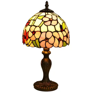 FUMAT Tiffany Kleine Tischlampe Tischlampeaus Buntglas mit Blume, Retro Deko Lampe Tischleuchte Nachttischlampe, Bunte Glas Lampenschirm 20x20X38cm