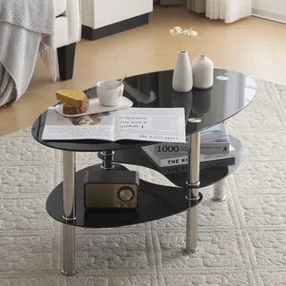 FCH Couchtisch Oval aus Glas, Rahmen aus Stahl, Schwarz , 90x50x45cm - Schwarz