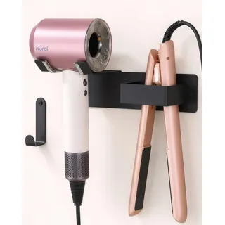 Bowyune Föhn Halterung für Haartrockner und Glätteisen, Edelstahl Fönhalter Ohne Bohren, Fönhalter Wand Ohne Bohren, Föhn und Glätteisen Halterung Bohren für Bad Barbershop Hotel Schwarz