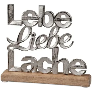 formano Schriftzug Lebe Liebe Lache Aluminium Mangoholz 24 cm Tischdeko Silber