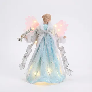 Valery Madelyn 27cm Engel Weihnachtsbaumspitze mit Feder Flügeln Christbaumspitze batteriebetriebe Bunte LED beleuchtete Baum-Spitzenengel Figur Blau